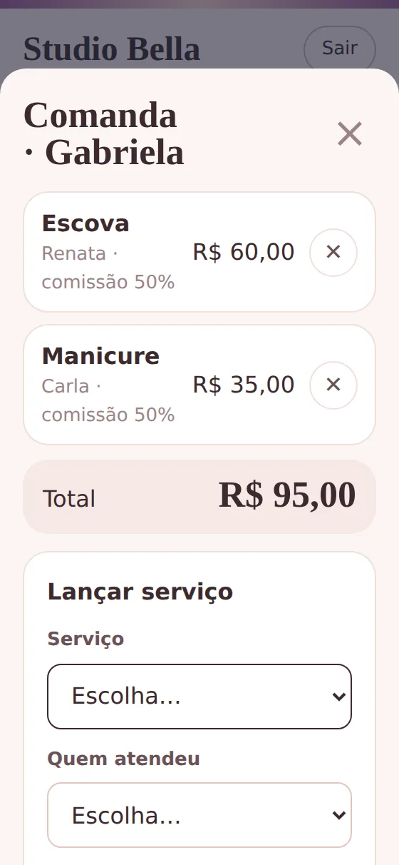 Comanda com os serviços, quem atendeu e o total