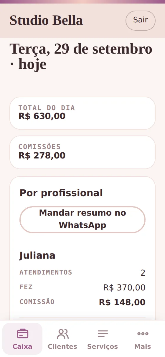 Fechamento do dia com o total e a comissão de cada profissional