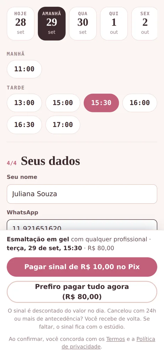 Tela de agendamento com o botão Pagar sinal no Pix