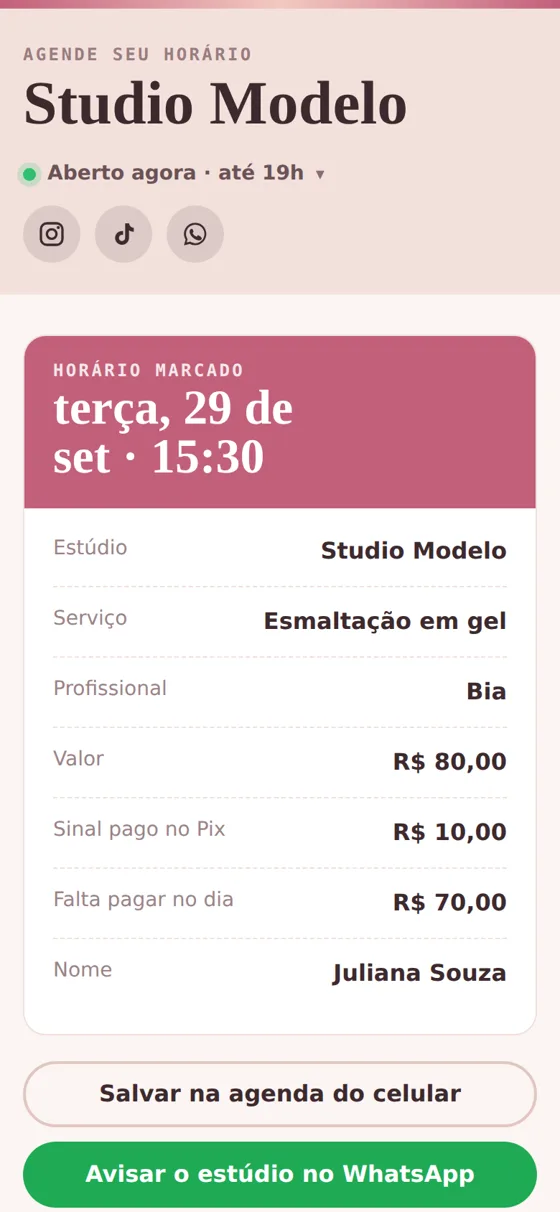 Comprovante com sinal pago e valor que falta pagar no dia